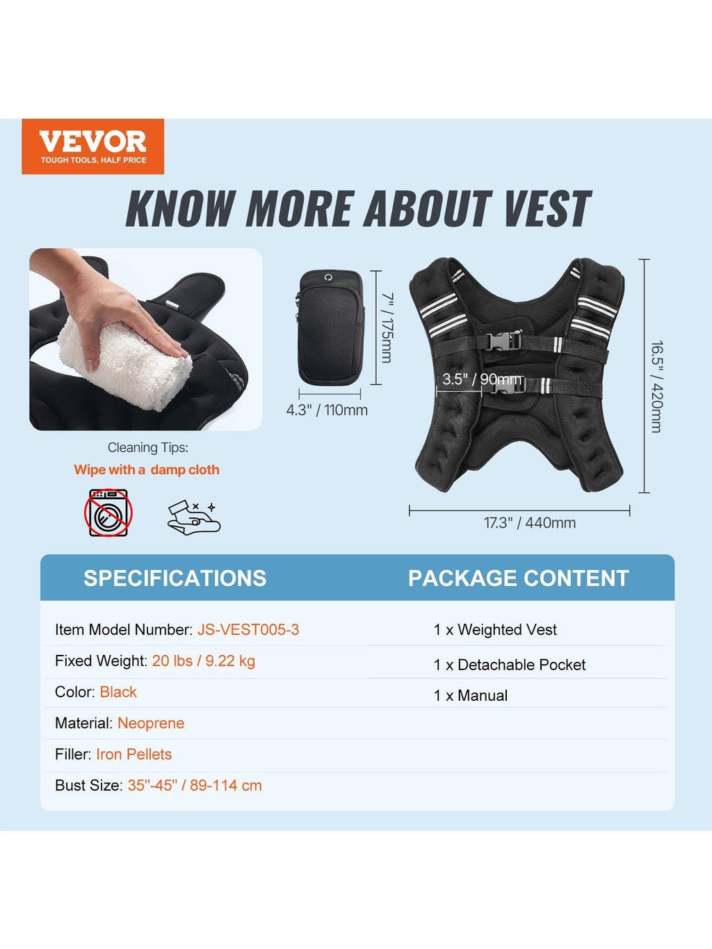 VEVOR 20 Lb Weighted Vest for Men & Women Neoprene Strength Training Running & Hiking Dual Pockets Adjustable Fit Reflective Stripes – Black