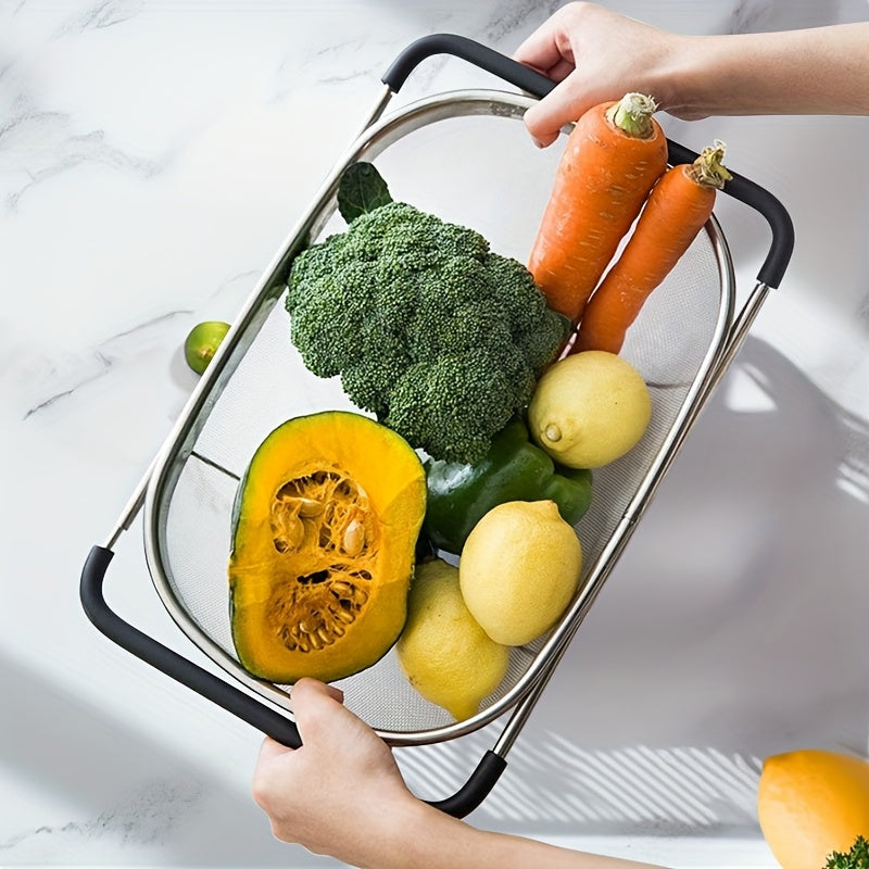 可伸缩不锈钢滤水篮——用于蔬菜、水果和面条的细网漏盆，食品级厨房必备品，尺寸可调，易于收纳