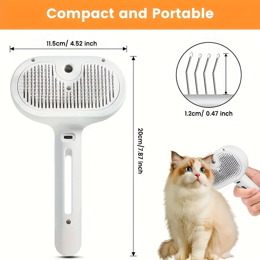 3-in-1 Cat Steam Brush Grooming Comb with Steam and Release Button, Pet Hair Removal and Deshedding Tool for Large, Medium, and Small Cats and Dogs, Indoor Use, White and Pink