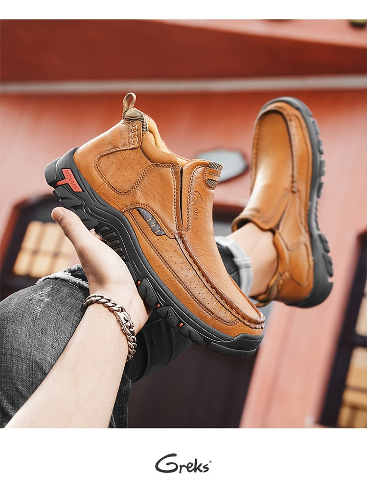 GREKS Men's Hand-Stitched Slip-On Ankle Boots, Casual Moccasin Chukka Loafers with Non-Slip Sole for Outdoor Hiking, Driving, and Daily Wear – Comfortable Lightweight Men's Shoes