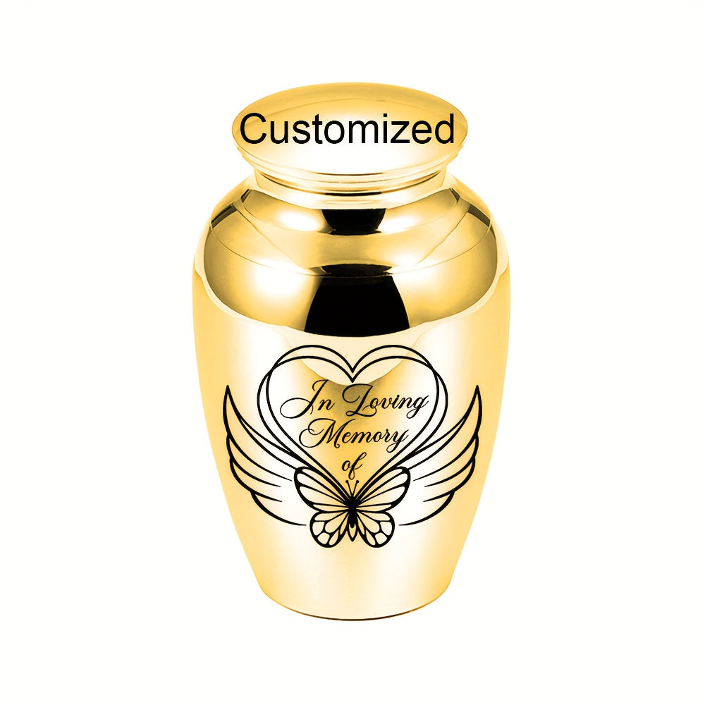 Personalized Mini Cremation Urn for Ashes - Custom Aluminum Alloy Keepsake Urn with Angel Heart Butterfly Pattern for Human & Pet Ashes, Small Memorial Ash Holder, Silver Gold Purple Lid Options
