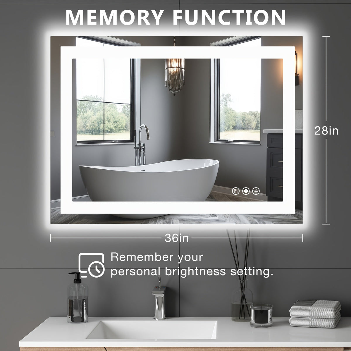 Anti-Fog LED Bathroom Mirror – Dual Light Source 3 Color Modes Dimmable Wall Mounted Vanity Mirror Horizontal Vertical in 6 Sizes