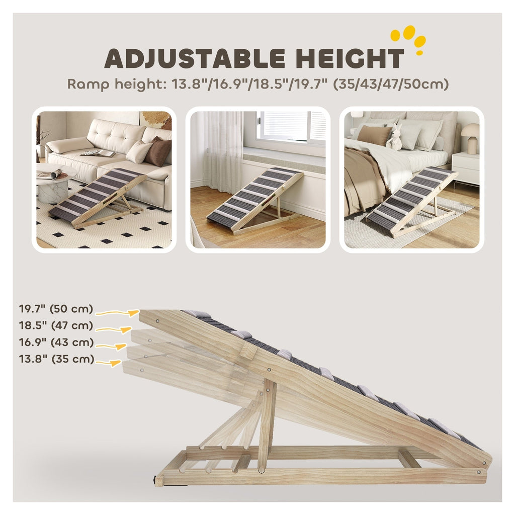 Folding Dog Ramp for Couch Bed Car, 4 Adjustable Heights 13.8"-19.7", 900GSM Non-Slip Carpet, 8 Anti-Slip Strips, Solid Pine Frame, Supports up to 110 lbs, Built-In Handle, for Senior & Large Dogs