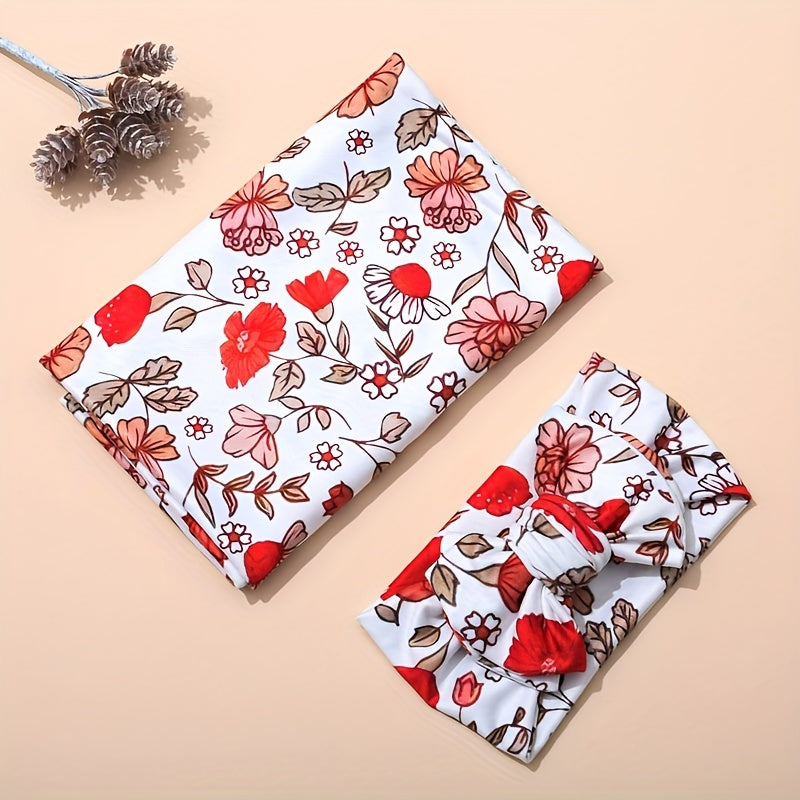 2-Piece Baby Wrap & Headband Set, Soft Floral Baby Girl Hair Wrap & Headband Accessory Set, Safflower, Orange Blossom & Purple Flower