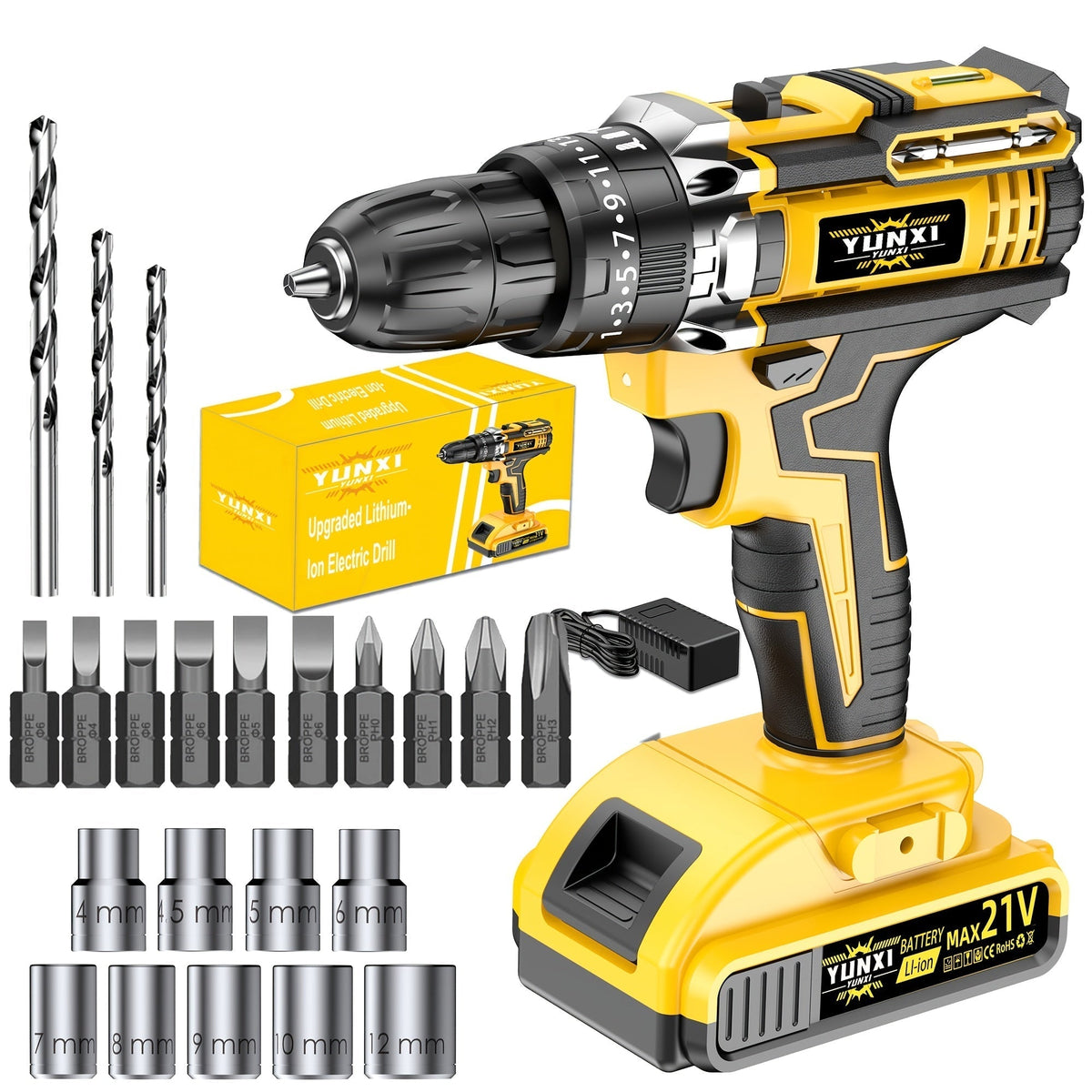 21V Cordless Impact Drill Set, 2.0Ah Battery & Fast Charger with Work Light, Variable Speed & Torque Adjustment, Electric Screwdriver Combo – Optional Storage Box for Car & Home Repair, DIY Men's Gift