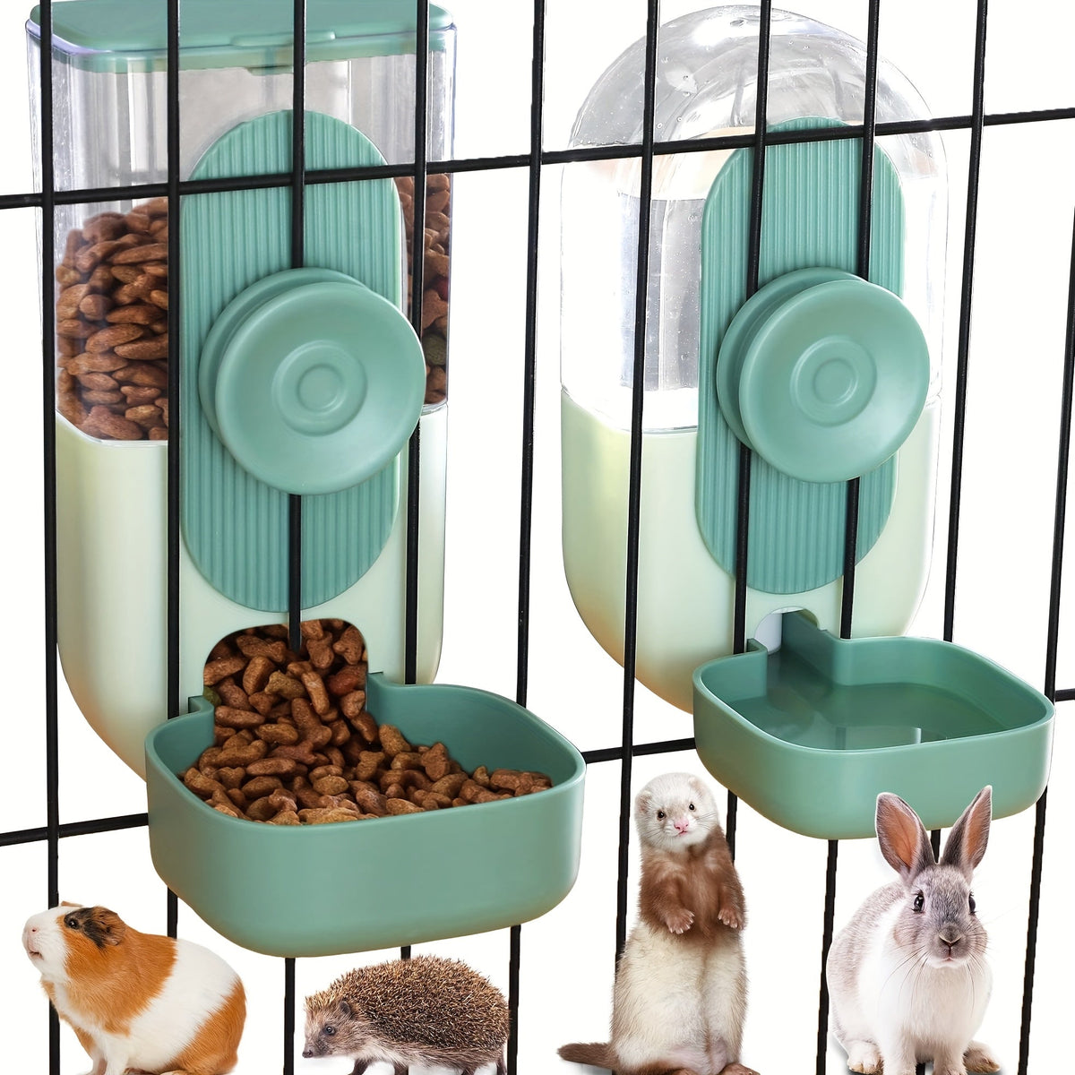 Hanging Cage Pet Feeder & Waterer Set 35oz - Auto Gravity Food & Water Dispenser for Cats, Dogs, Rabbits, Chinchillas, Ferrets, and Hedgehogs - Battery-Free Cage-Mounted Feeding Station for Small Animals (Green)