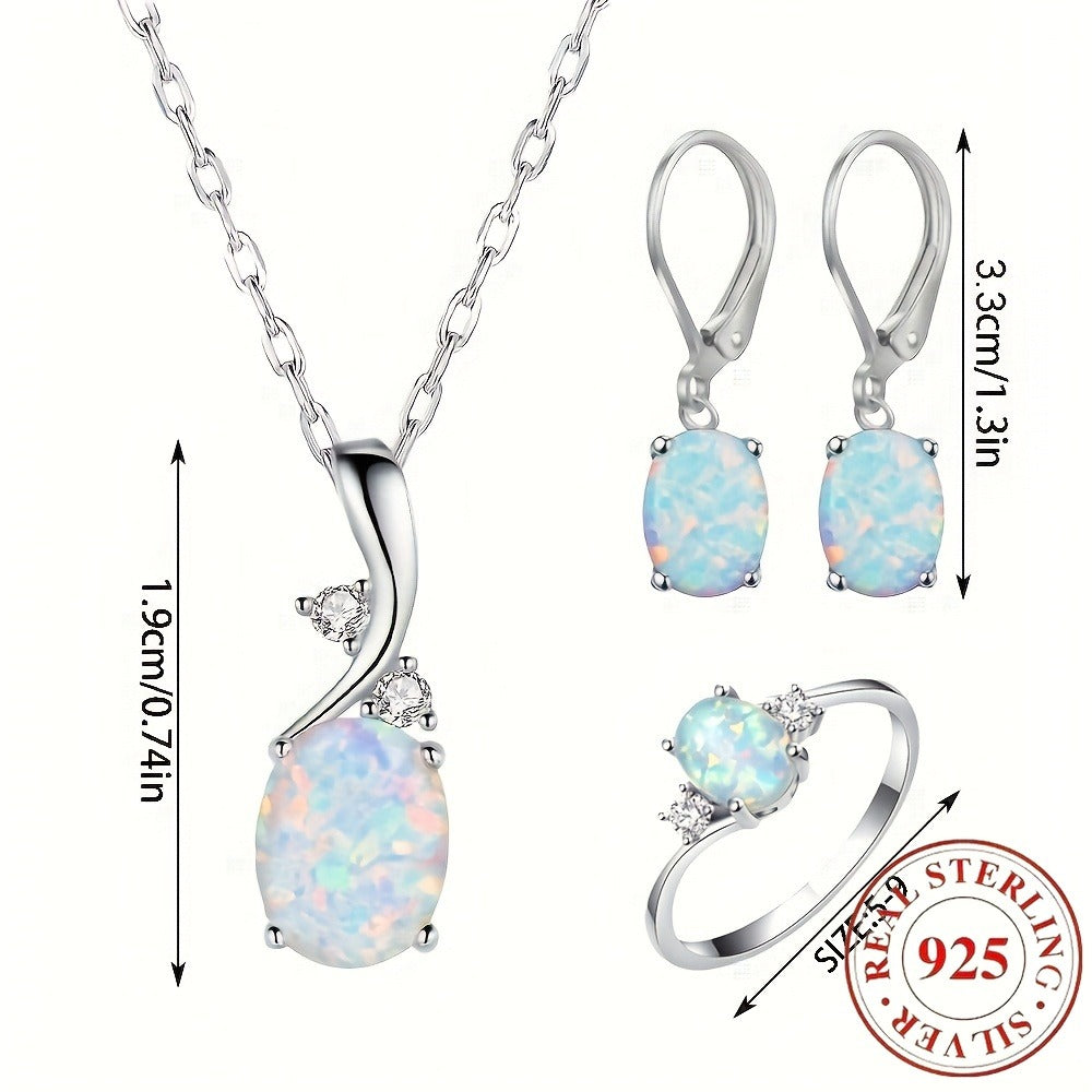 925 Sterling Silver Water Drop Opal Jewelry Set for Women – 4-Piece Necklace, Earrings, and Ring Set, Elegant Opal Pendant Fashion Jewelry Gift for Party, Daily Wear, Birthday, and Anniversary