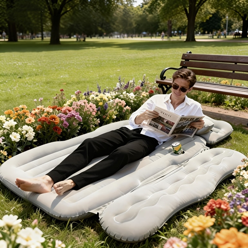 SUV Sedan Car Inflatable Bed, Soft Flocked Back Seat Air Mattress, Foldable & Portable Sleeping Mat for Camping, Road Trips, and Picnics – Includes Air Pump & Storage Bag, Black Grey Beige Pink