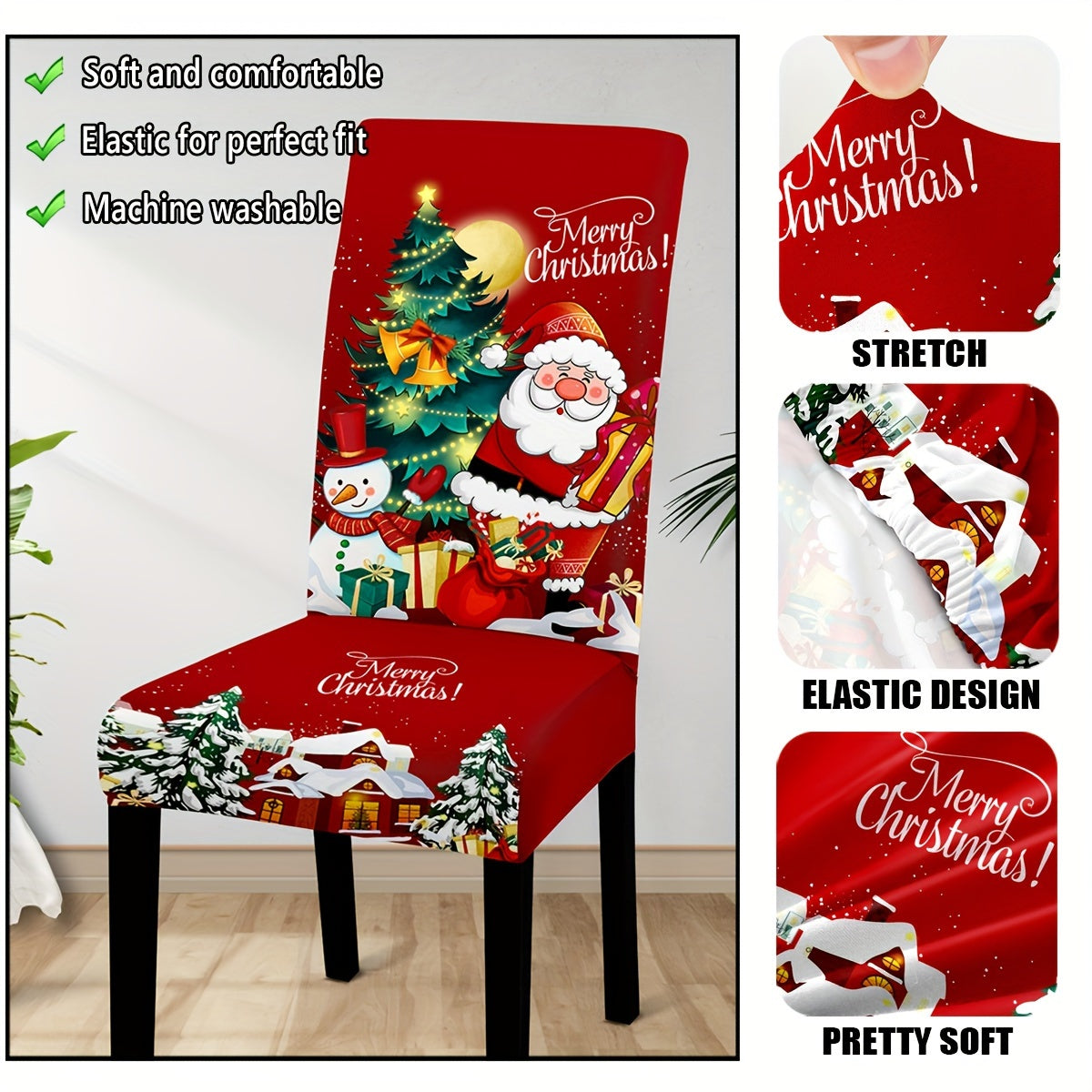 4/6-Piece Santa Claus & Snowman Christmas Chair Covers - Digital Print, Removable & Washable Elastic Seat Covers - Home, Office, Restaurant & Banquet Hall - Holiday Decoration