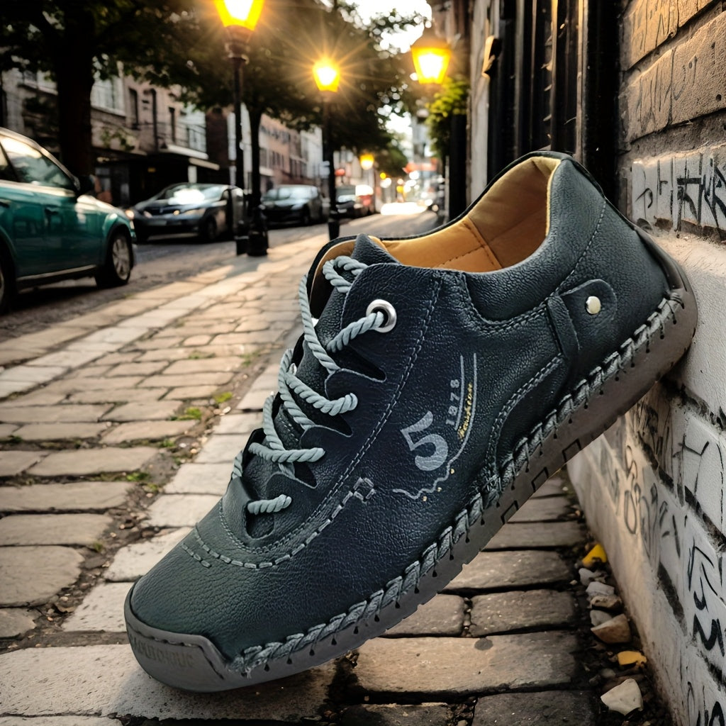Men's Handmade Stitched Casual Sneakers – Lightweight Flat-Sole Outdoor Walking Shoes in Black, Khaki, Blue, Military Green & Yellowish-Brown, Sizes US 7.5–12.5