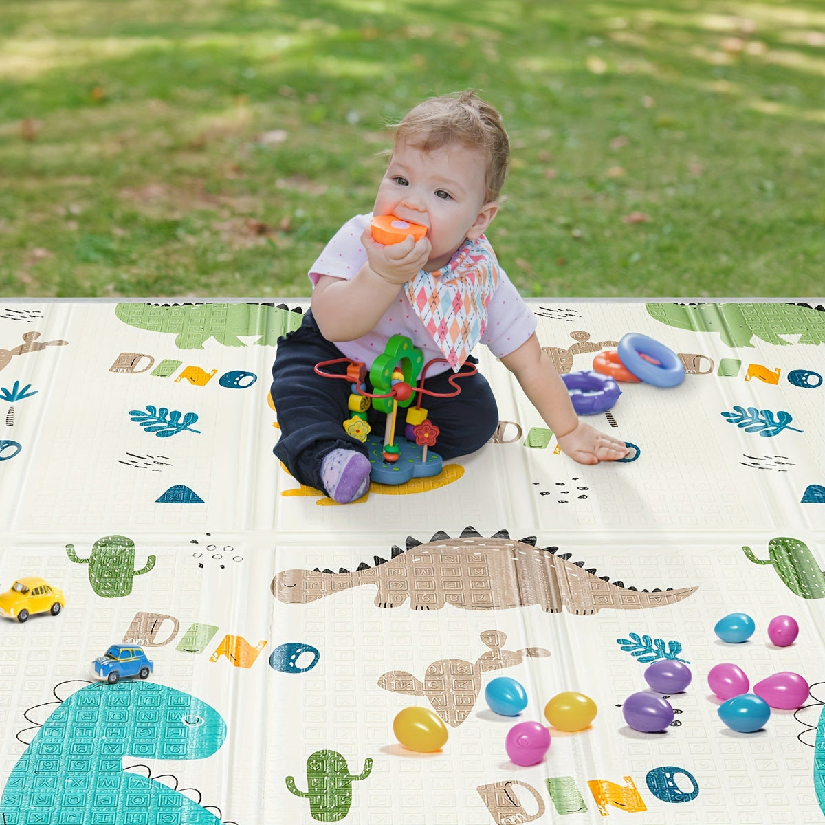 Foldable Safety Foam Baby Play Mat, 50 × 50 × 0.4 Inch Thick Reversible Double-Sided Portable Playpen Floor Mat, Soft Cushioned Baby Activity Mat for Infants & Toddlers, Seahorse & Stars