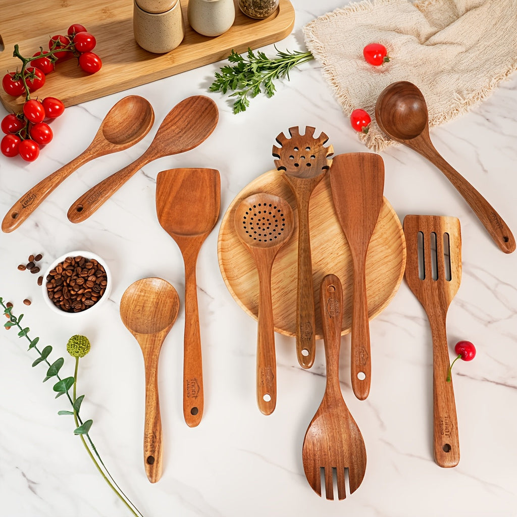 10-Piece Natural Teak Wooden Kitchen Utensils Set - Cooking Spoons, Spatulas & Turner, Non-Stick Safe, Heat Resistant, Eco-Friendly Wood Cookware Tools for Home Kitchen