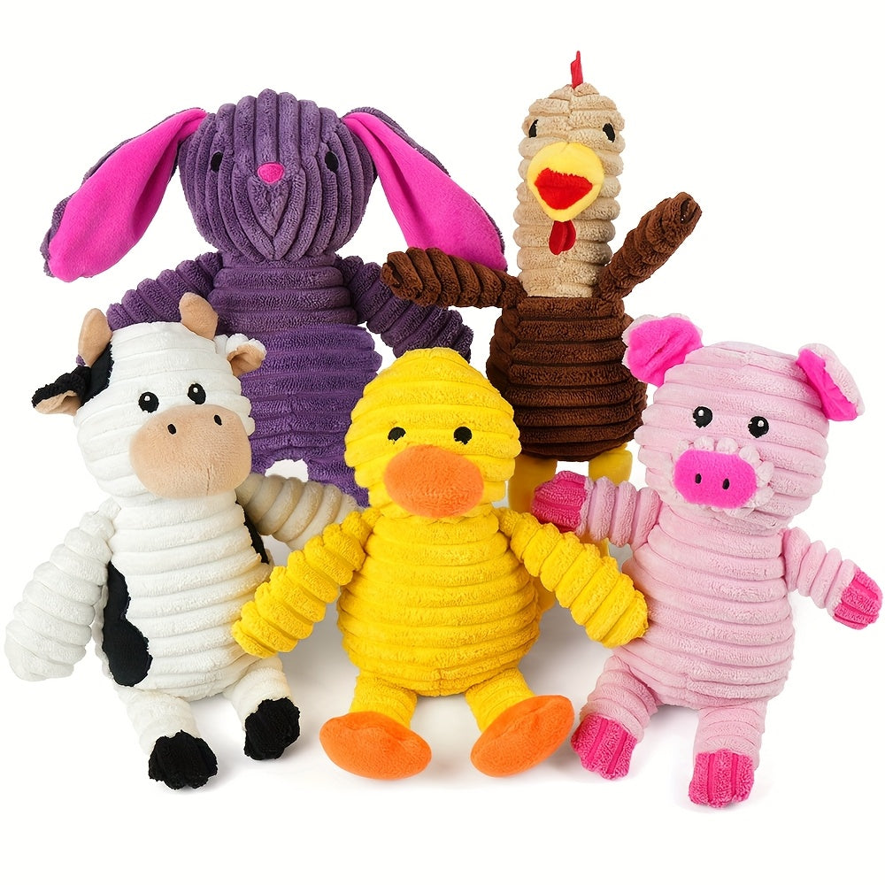 Plush Dog Squeaky Toys 5-Pack Bundle – Washable Stuffed Animal Chew Toys for Small, Medium, and Large Dogs, Embroidered Safety Eyes, Animal Designs (Pig, Frog, Elephant, Chicken, Fox)