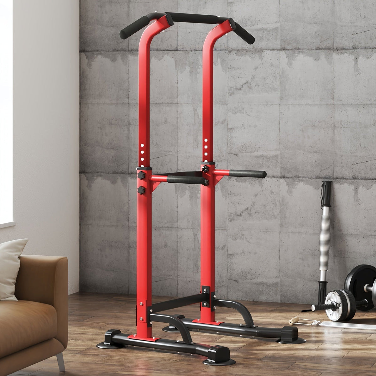 Adjustable Power Tower Dip Station Pull Up Bar for Home Gym, 10 Height Levels 65-82.7 Inches, 330LBS Capacity, 6 Exercise Positions, Full Body Strength Training, Black/Red/Yellow/Blue/Pink/Orange