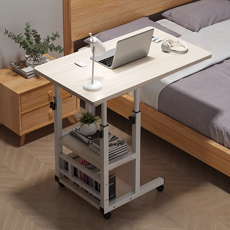 Height Adjustable Rolling Laptop Table with 4 Wheels & Dual Shelves – Mobile Workstation Desk for Bedside, Dorm, Office, and Living Room, Sturdy Steel Frame, Space-Saving Design