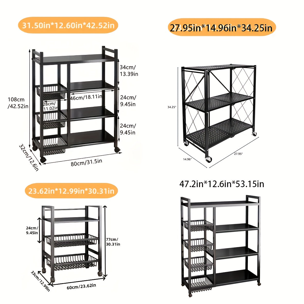 4-Tier Rolling Storage Rack with Wire Baskets & Wheels – Adjustable Metal Shelf for Kitchen, Pantry, Garage, Bathroom, and Closet, Movable Standing Organizer, Housewarming Gift