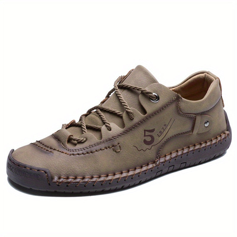 Men's Handmade Stitched Casual Sneakers – Lightweight Flat-Sole Outdoor Walking Shoes in Black, Khaki, Blue, Military Green & Yellowish-Brown, Sizes US 7.5–12.5
