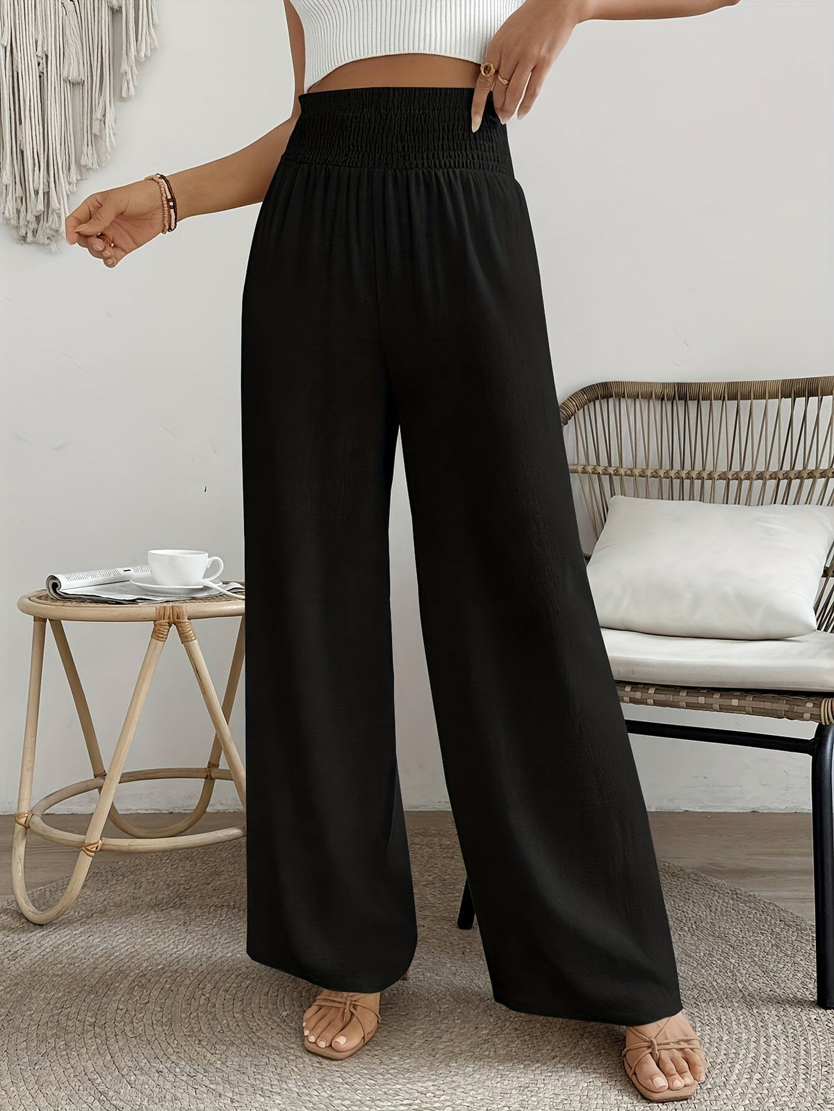 Women's High-Waist Elegant Solid Color Pants, Smooth and Slightly Stretchy Trousers - Casual Chic Machine-Washable Bottoms for Spring, Summer, Fall, Office, and Daily Wear