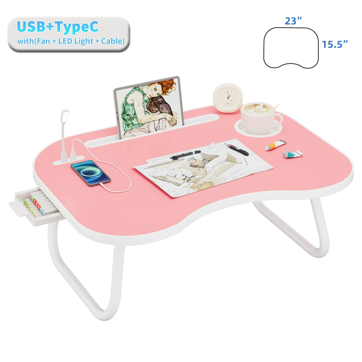 Laptop Desk with USB Port, Storage Drawer & Cup Holder – Walnut Wood Bed Tray Table for Eating, Writing, Sofa, Couch, Adults, and Students