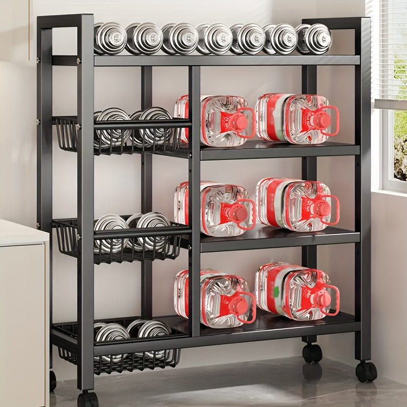 4-Tier Rolling Storage Rack with Wire Baskets & Wheels – Adjustable Metal Shelf for Kitchen, Pantry, Garage, Bathroom, and Closet, Movable Standing Organizer, Housewarming Gift