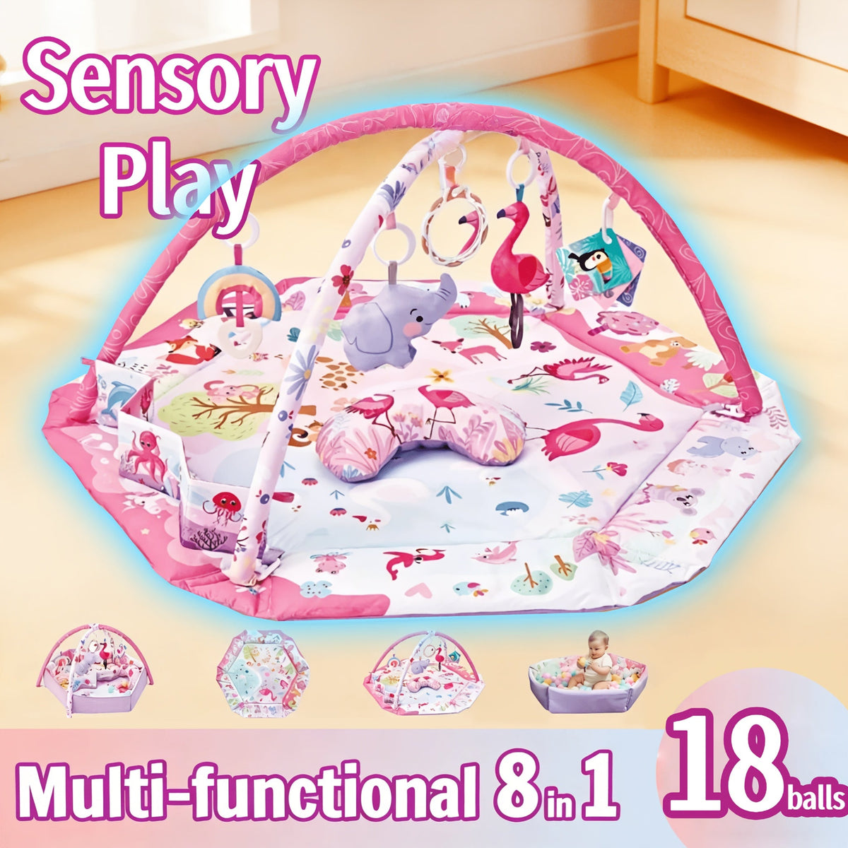 Foldable Hexagonal Baby Activity Mat & Play Gym with 5 Sensory Toys & Exercise Ball, Multi-Functional Infant Crawling Training Mat for Newborns & Toddlers, Pink