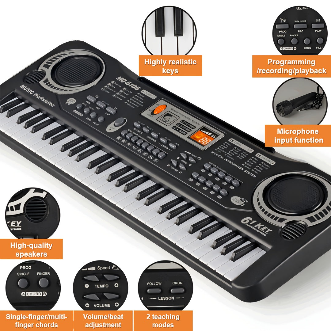 61-Key Electronic Piano Keyboard for Beginners - Built-In Microphone, Music Stand & USB Power, Complete Starter Kit for Kids & Adults, Perfect Birthday Gift for Music Lovers