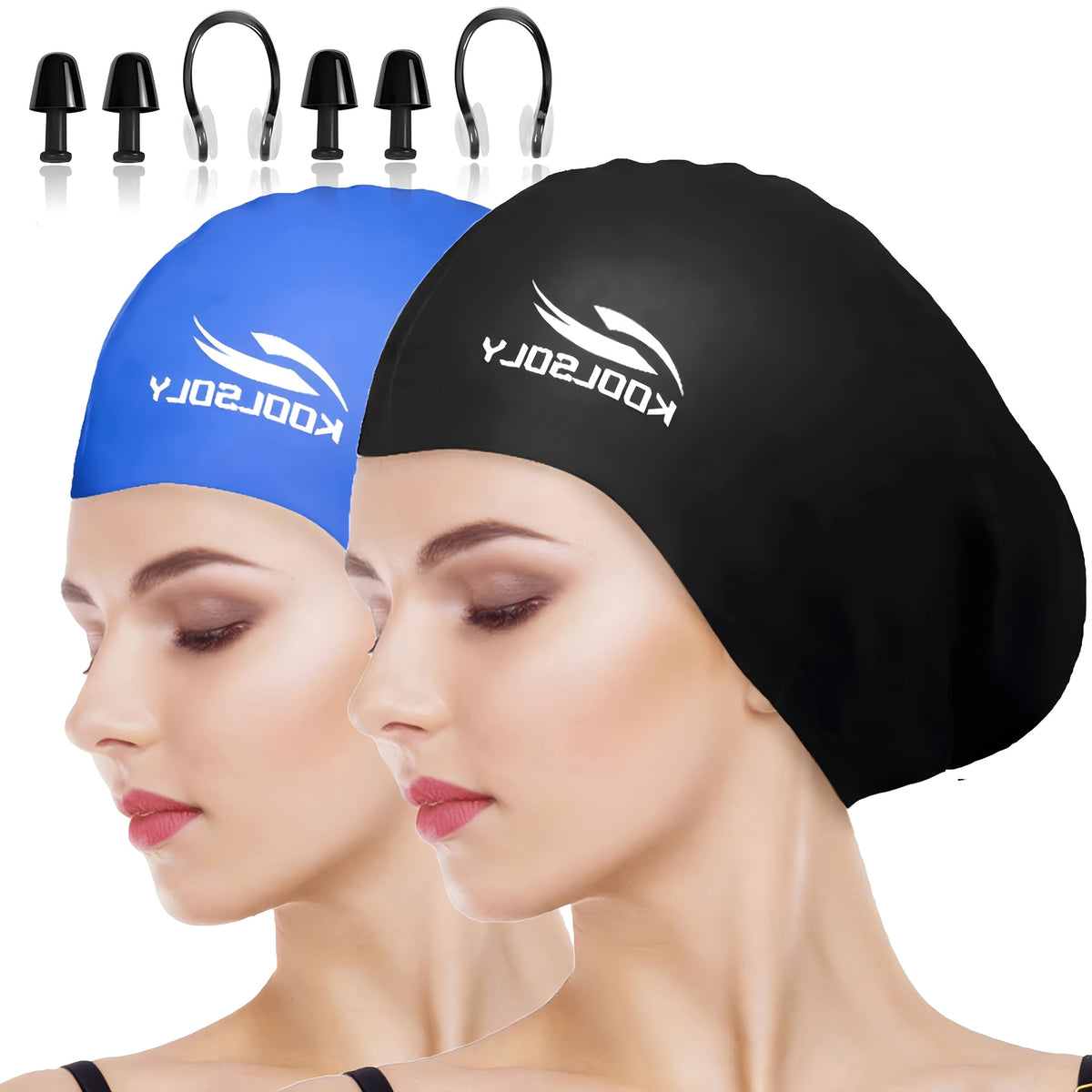 Silicone Swimming Cap 2-Pack with Ear Protection for Long Hair – Includes Earplugs & Nose Clip, Waterproof Swim Cap Set, 11 Color Options for Women, Men, and Adults