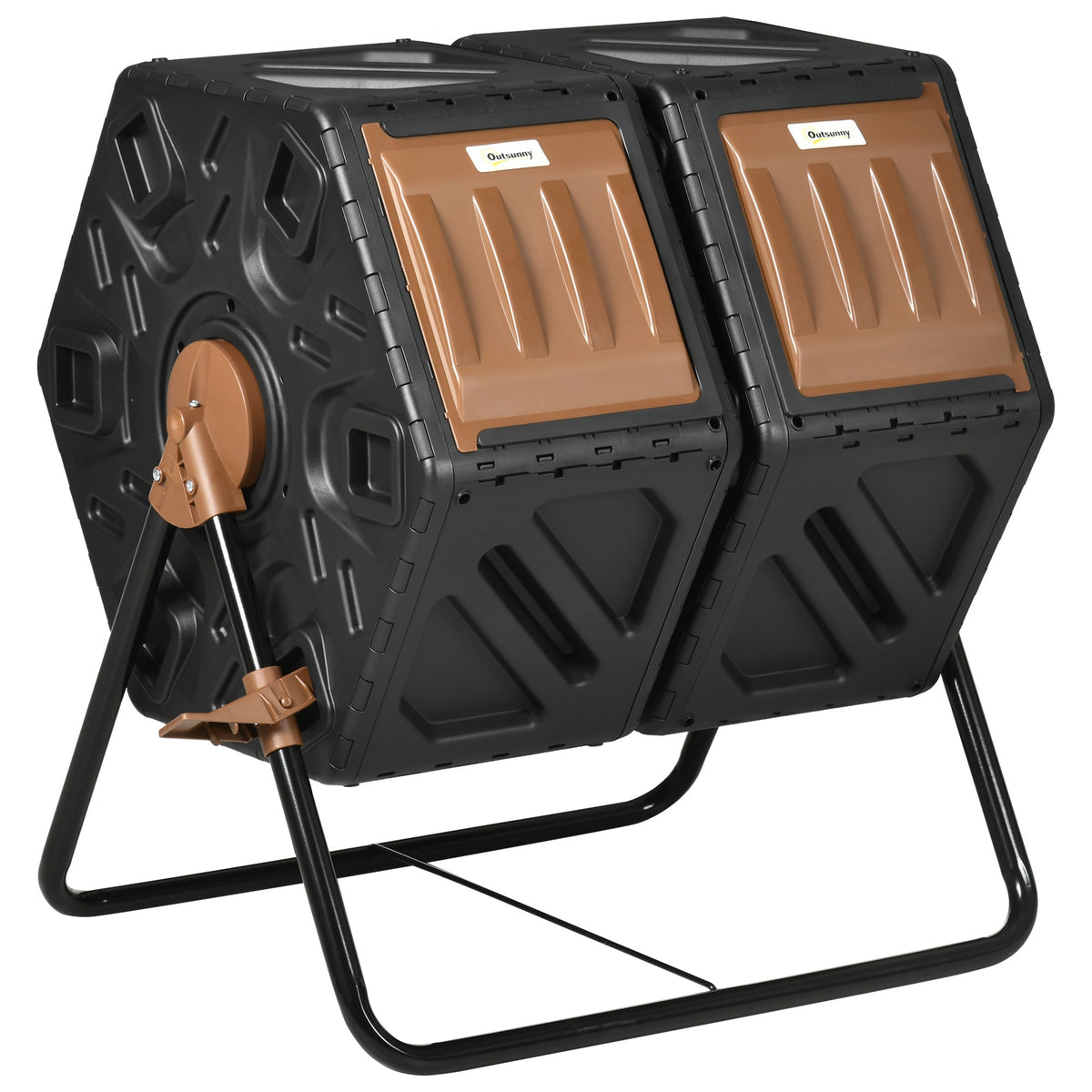 34.5-Gallon Dual Chamber Rotating Compost Tumbler, 360° Spin, 24 Ventilation Openings, Lock Brake, Anti-Clump Divider Bar, Steel Legs, 26.4"x23.6"x30.3", Compost Ready in 1-3 Months, Brown
