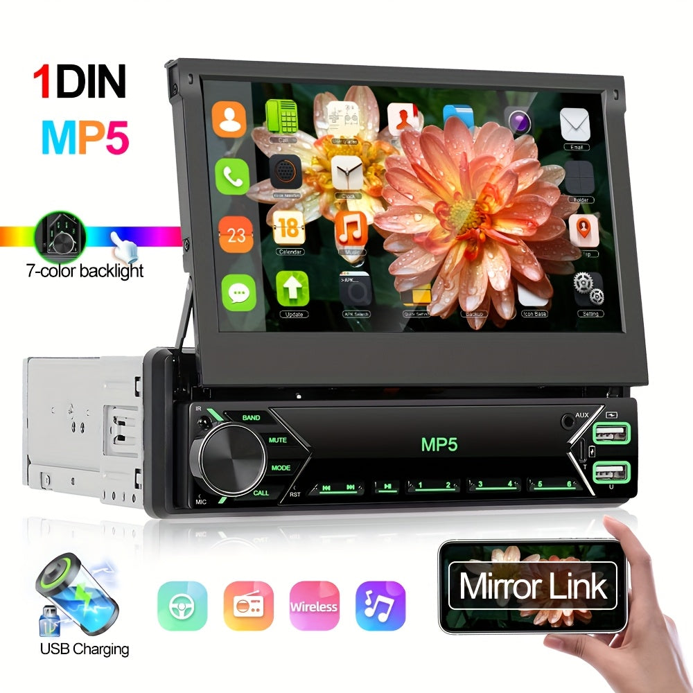 Single DIN Car Stereo 7-Inch HD Retractable Touchscreen – MP5 Player with Mirror Link, Bluetooth, FM Radio, USB, AUX, Colorful Backlight, 45W×4 Amplifier | Velora