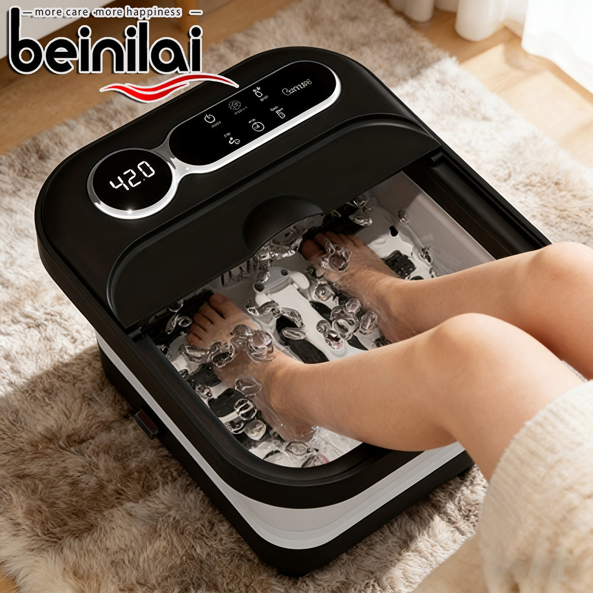 Collapsible Foot Spa & Massager - Heater, Temperature Control, Bubbles, 6 Massage Rollers, Vibration & Red Light - Black & Blue (Auto Massage)