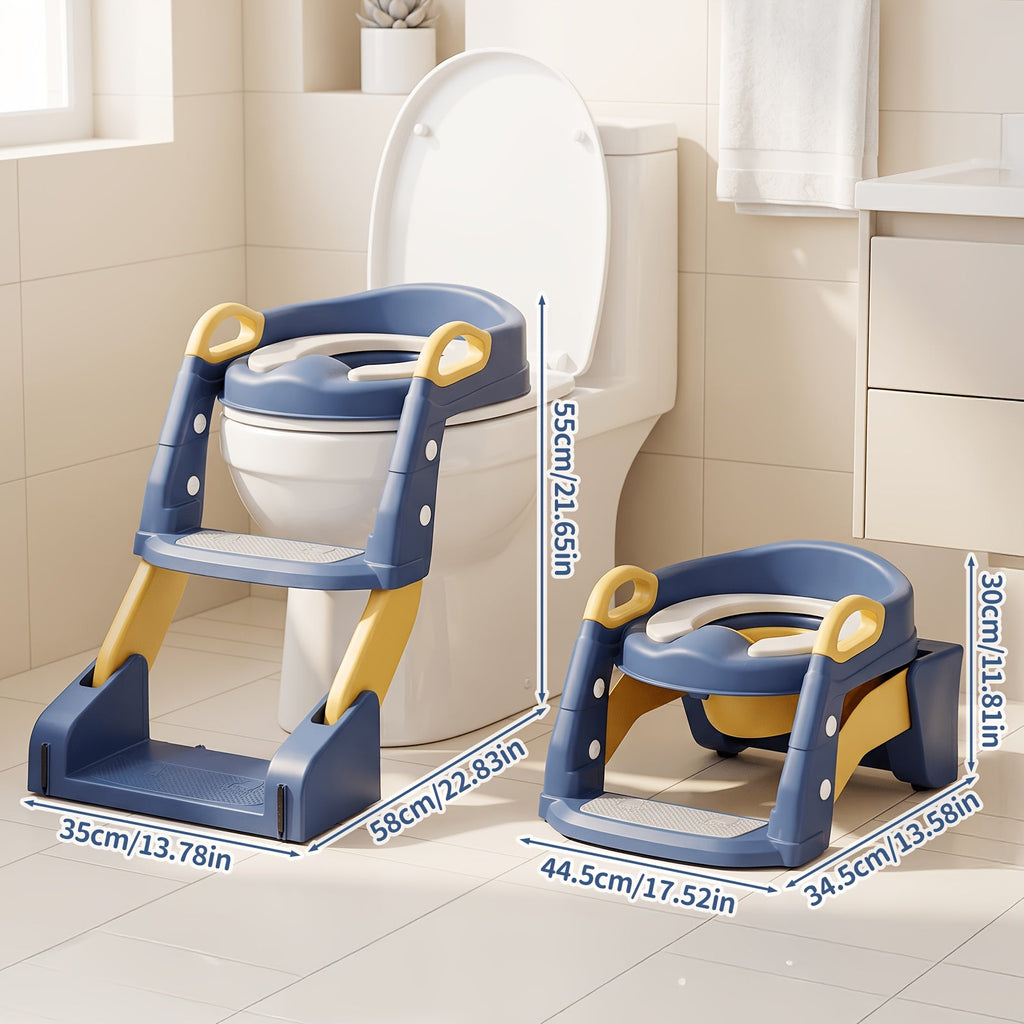 2-in-1 Toddler Toilet Potty Training Seat with Step Stool Ladder, Anti-Slip Adjustable Height Foldable Potty Chair for Kids, Cleaning Brush Included, Pink & Blue