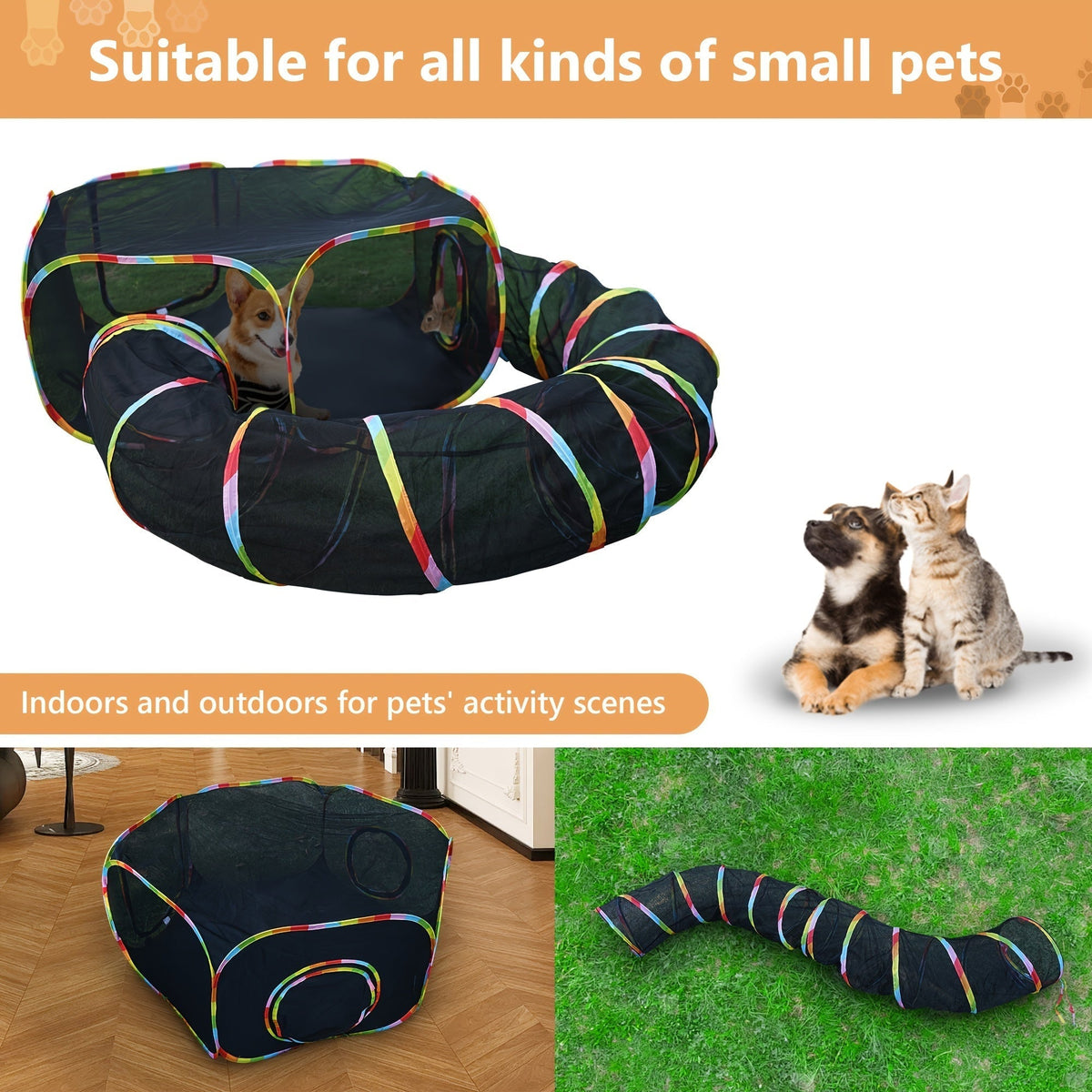 Rainbow Cat Playpen Outdoor Cat Enclosure with Circle Tunnel and Portable Pop-Up Tent, Foldable Cat Playground for Cats, Kittens, and Small Animals, Indoor/Outdoor Use