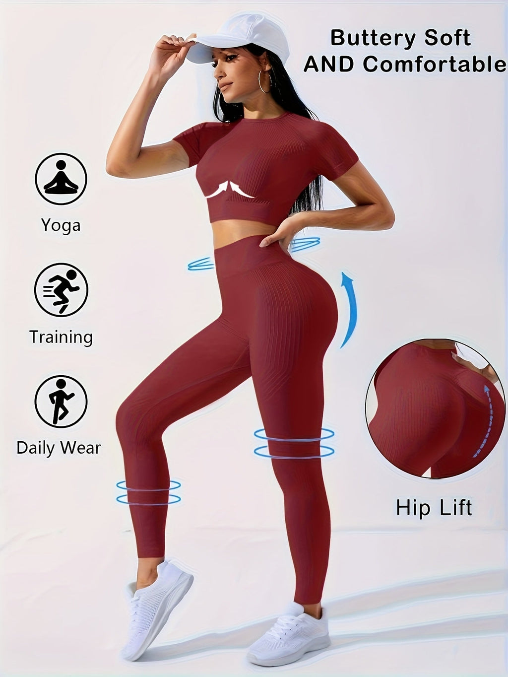 Women's 2-Piece Workout Set - Yoga Crop Top & High-Waisted Leggings, Crew Neck Medium-Stretch Solid Color All-Season Activewear for Gym Fitness Pilates Running, Sizes XS-XL