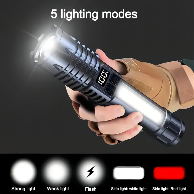 Rechargeable Tactical Flashlight 2-Pack, USB COB LED – Ultra Bright, 5 Modes, Zoomable, 200-500M Beam, LCD Display, for Camping, Fishing, Hunting, Cycling, and Emergencies