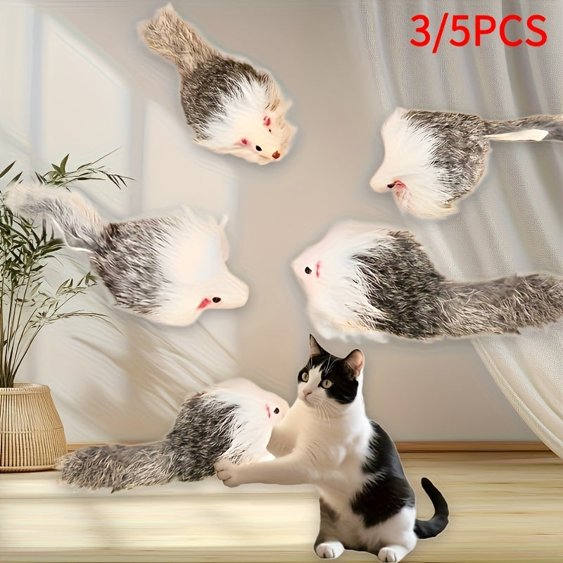 毛绒老鼠猫玩具套装 3件或5件装 - 仿真长毛老鼠，配双色塑料机身，适用于幼猫和成年猫的室内互动玩耍与锻炼玩具