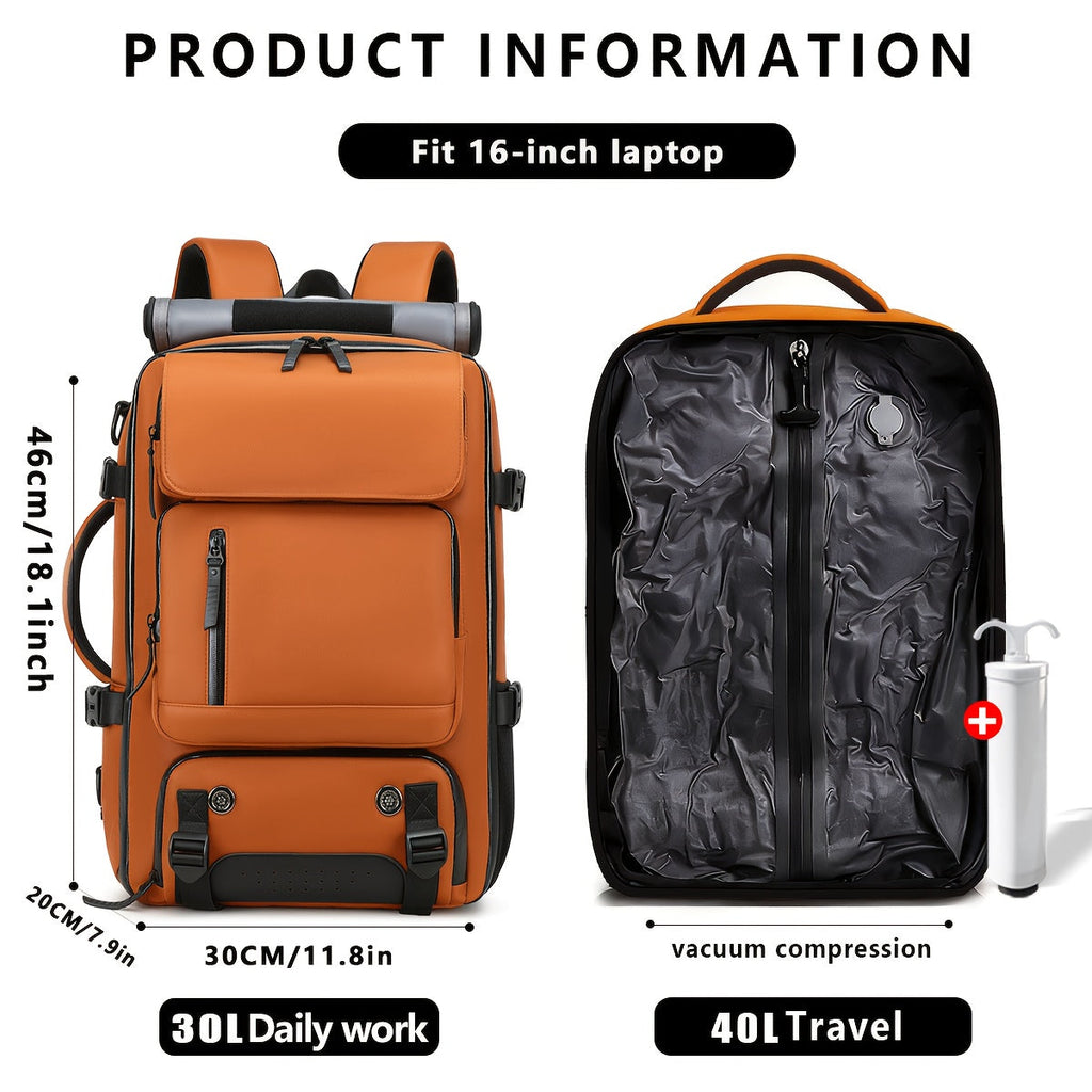 Vacuum Compression Backpack - Multi-Functional Laptop Backpack with Pump, Foldable & Lightweight - Business, Camping, Hiking & Daily Commute - Black, Light Grey & Orange