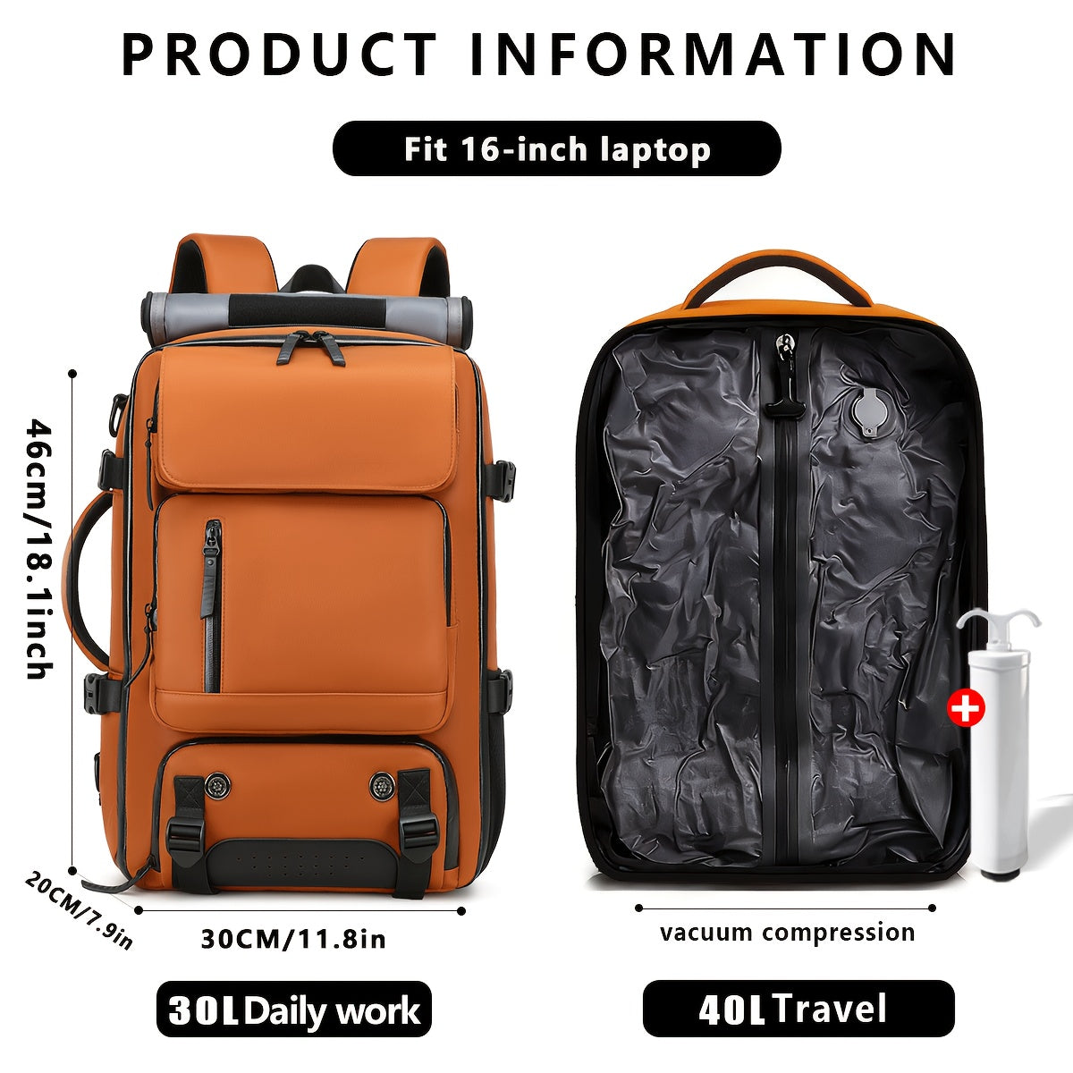 Vacuum Compression Backpack - Multi-Functional Laptop Backpack with Pump, Foldable & Lightweight - Business, Camping, Hiking & Daily Commute - Black, Light Grey & Orange