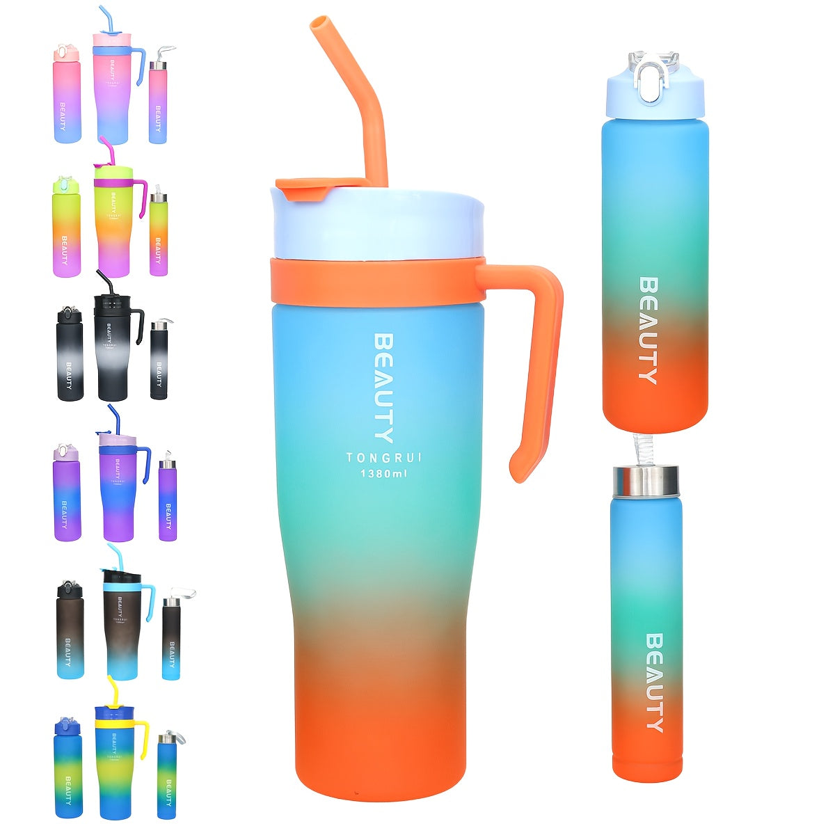 BPA-Free Gradient Water Bottle 5-Piece Set with Straw & Spill-Proof Lid - 46oz, 27oz, & 9oz Leak-Proof Sports Bottles for Gym, Travel, and Outdoor Use