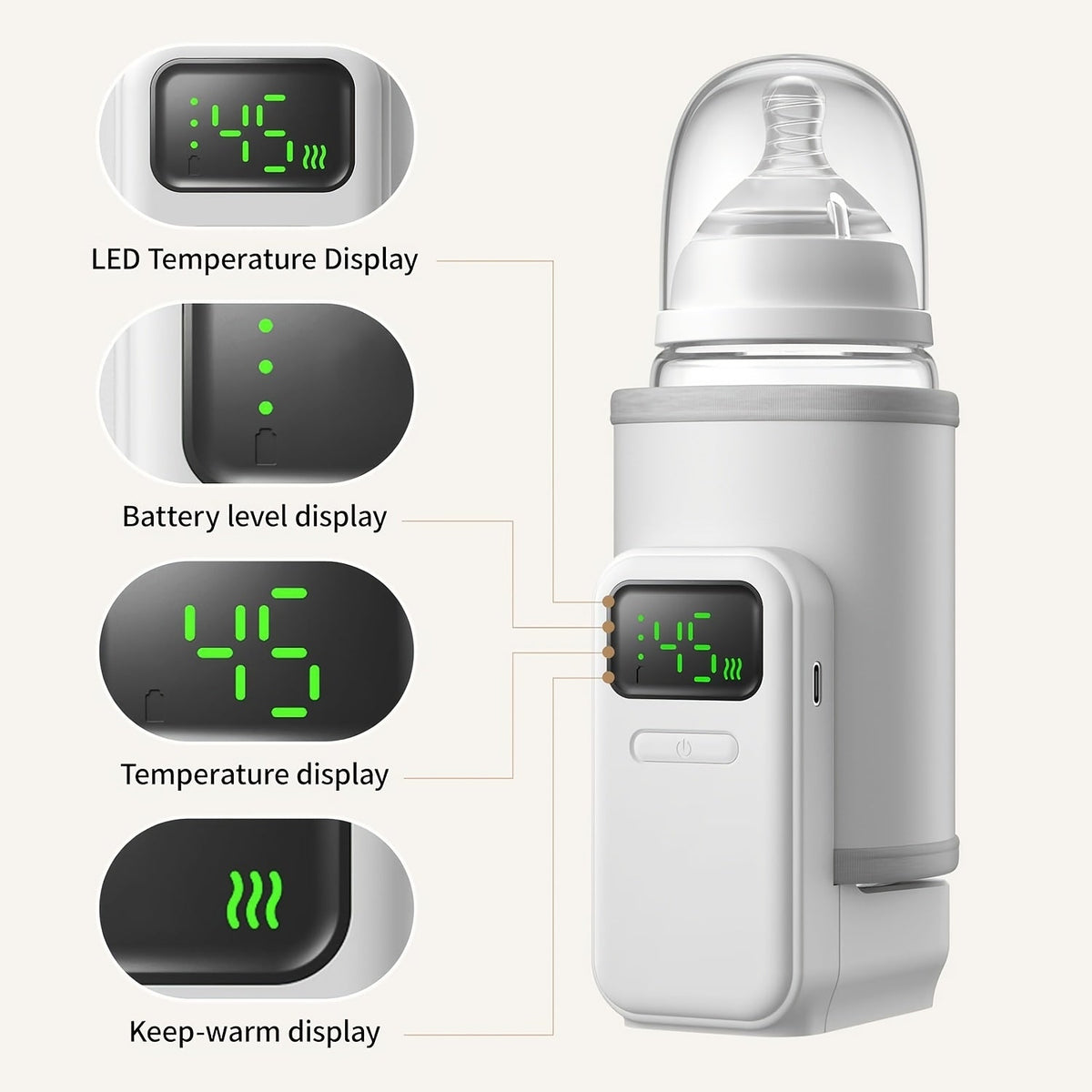 Rechargeable Portable Travel Bottle Warmer, 5000mAh Battery, 6 Temperature Settings, Even Heating & Digital Display, Universal Fit for Breast Milk & Formula, Home & Outdoor Use, White