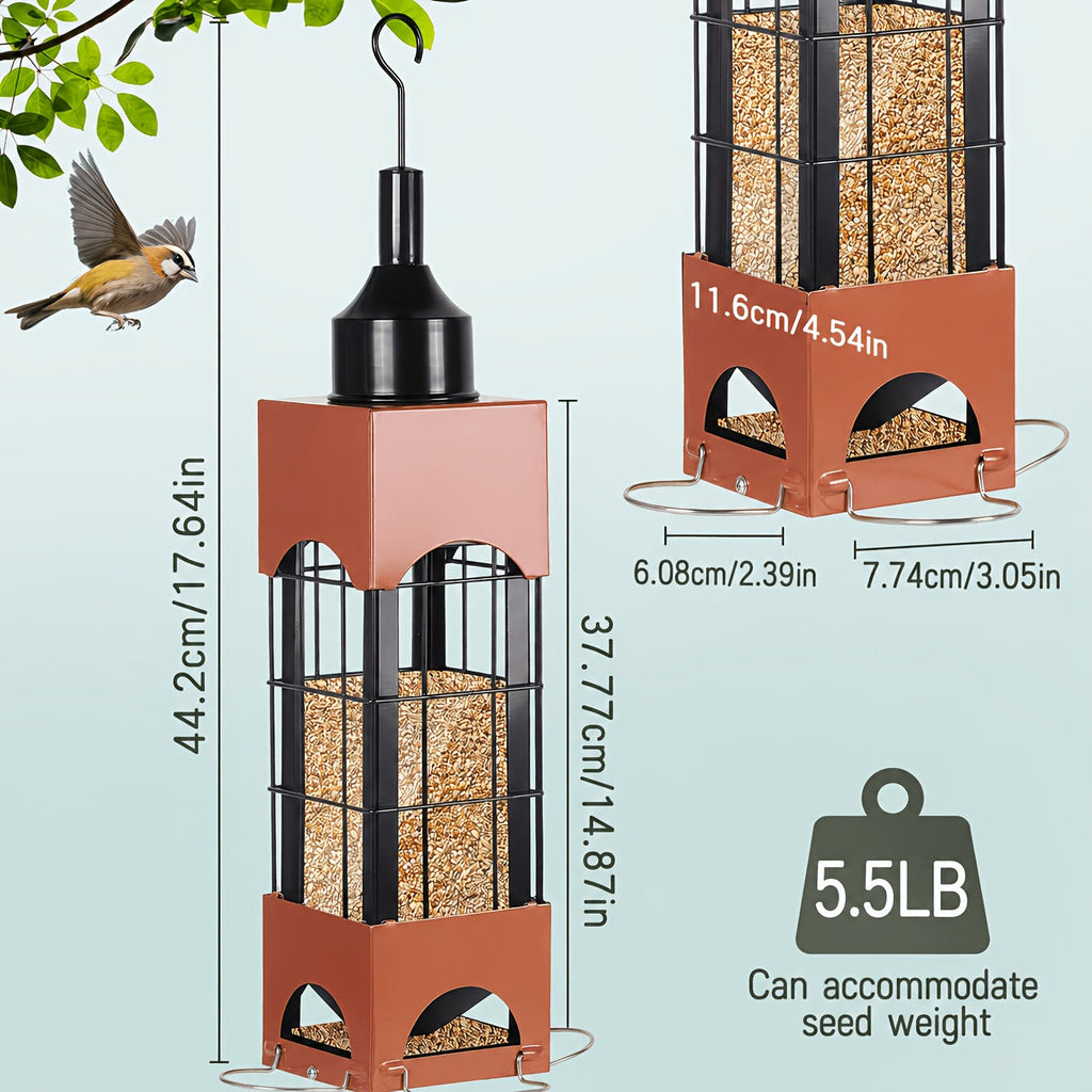 Squirrel-Proof Bird Feeder, 5 lbs Large Capacity, Outdoor Hanging Metal Construction, Bilateral Weight-Activated, Easy to Fill & Clean, Weather-Resistant for Garden and Backyard