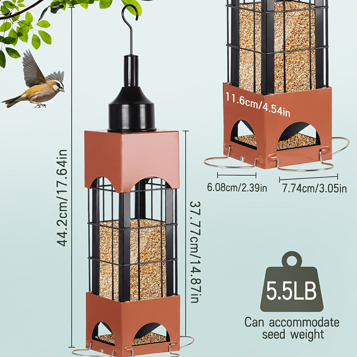 Squirrel-Proof Bird Feeder, 5 lbs Large Capacity, Outdoor Hanging Metal Construction, Bilateral Weight-Activated, Easy to Fill & Clean, Weather-Resistant for Garden and Backyard