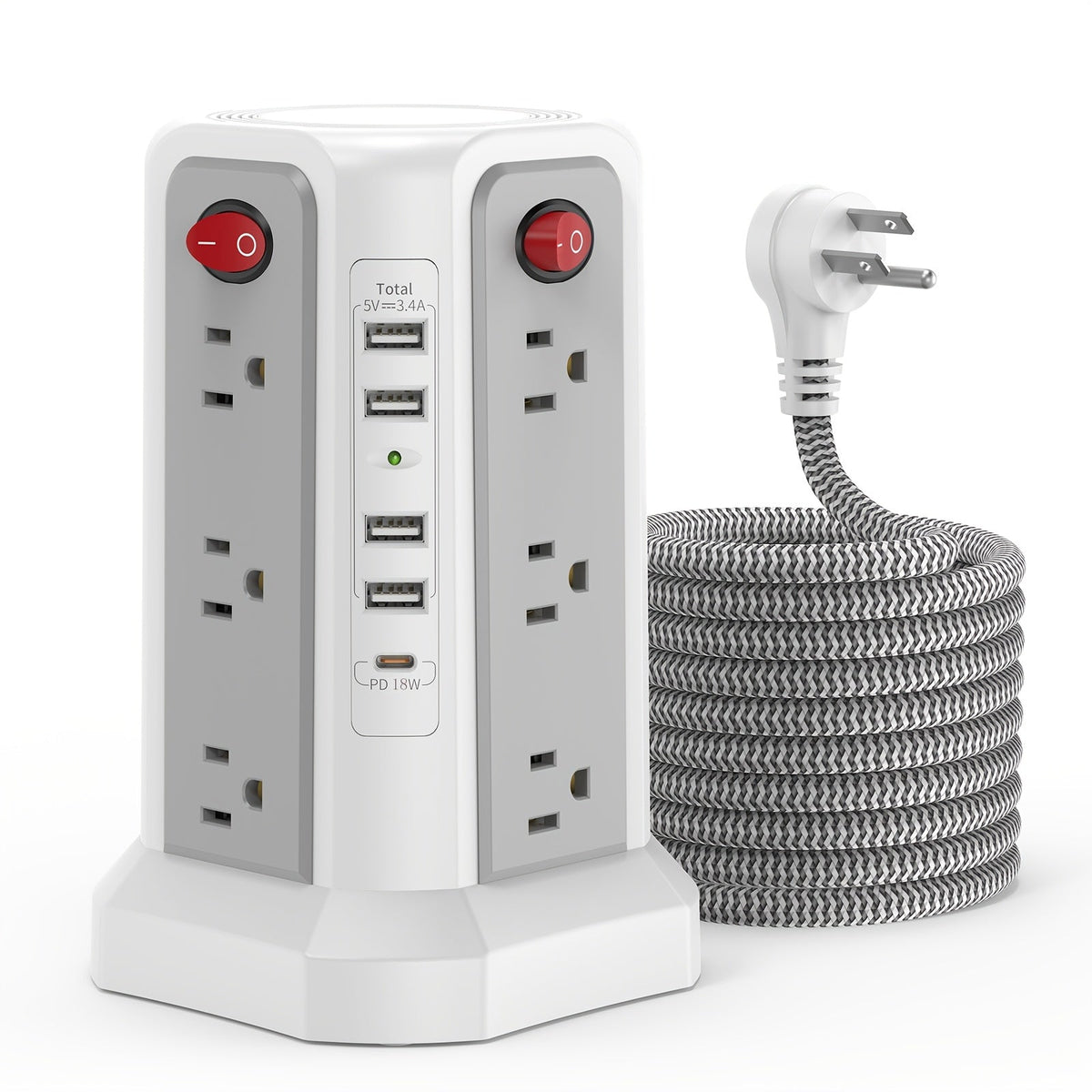 Power Strip Tower, 16 AC Outlets, 5 USB Ports, USB-C PD 20W, 1500J Surge Protector, Flat Plug Desktop Extension Cord