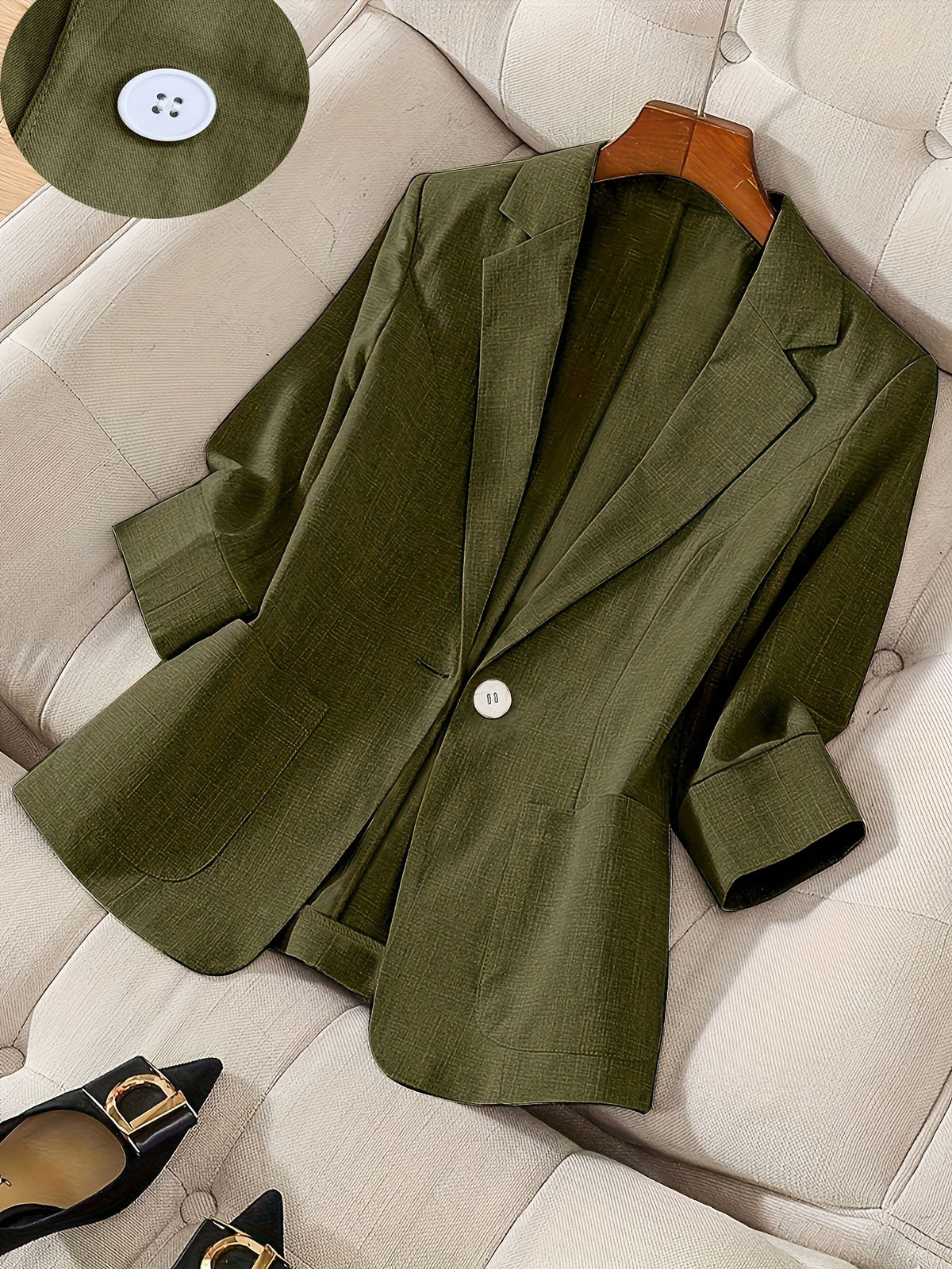 Women's Single-Button 3/4 Sleeve Lightweight Blazer | Elegant Casual Spring/Summer/Fall Outerwear | Professional Solid Color Office Business Suit Jacket S M L XL XXL