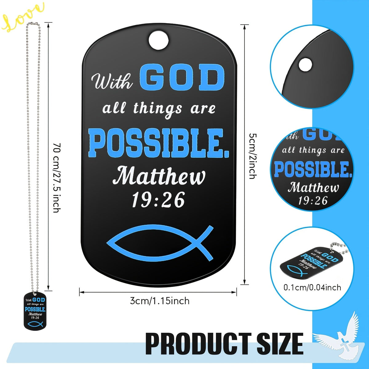 20 Pcs Christian Bible Verse Dog Tag Necklaces Bulk Stainless Steel Inspirational Faith Necklace with Chain for Men Women Boys Religious Gift