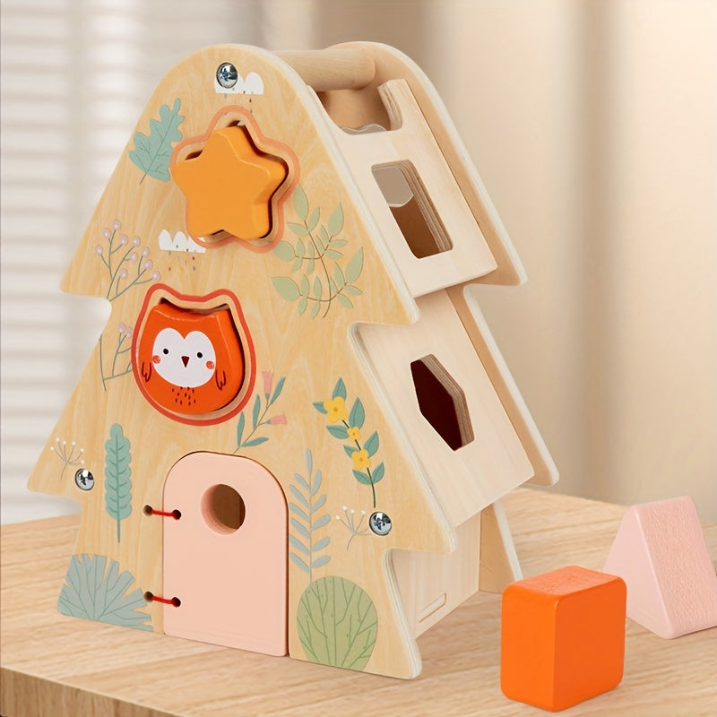 Wooden Big Tree Wisdom House Shape Matching Puzzle Toy, Creativity & Spatial Perception Development, Hand-Eye Coordination & Fine Motor Training for Babies & Toddlers, Holiday Gift