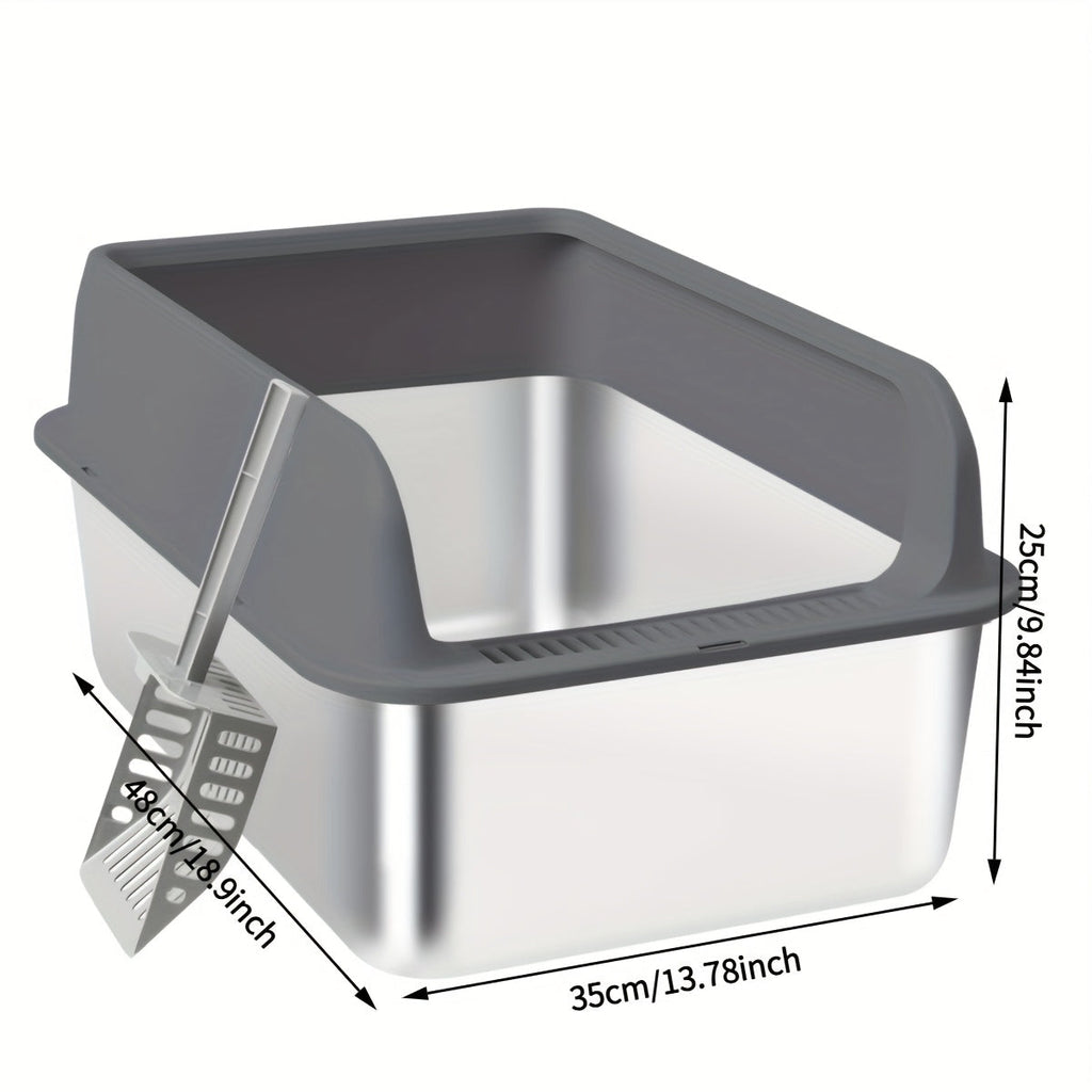 Stainless Steel Cat Litter Box, High-Sided Anti-Leakage Metal Litter Pan with Scoop and Sifting Tray, Rust-Proof, Odor-Resistant, Non-Stick, Easy-Clean Indoor Cat Toilet for Medium to Large Cats