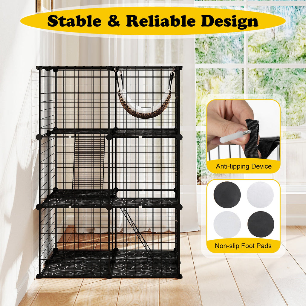 3-Tier Indoor Cat Cage & Enclosure, 29"x29"x43.5", Skylight, Hammock, 2 Climbing Ladders, 3 Lockable Doors, Anti-Tip Kit, Metal Wire & PP, for 1-3 Cats & Small Animals, Black