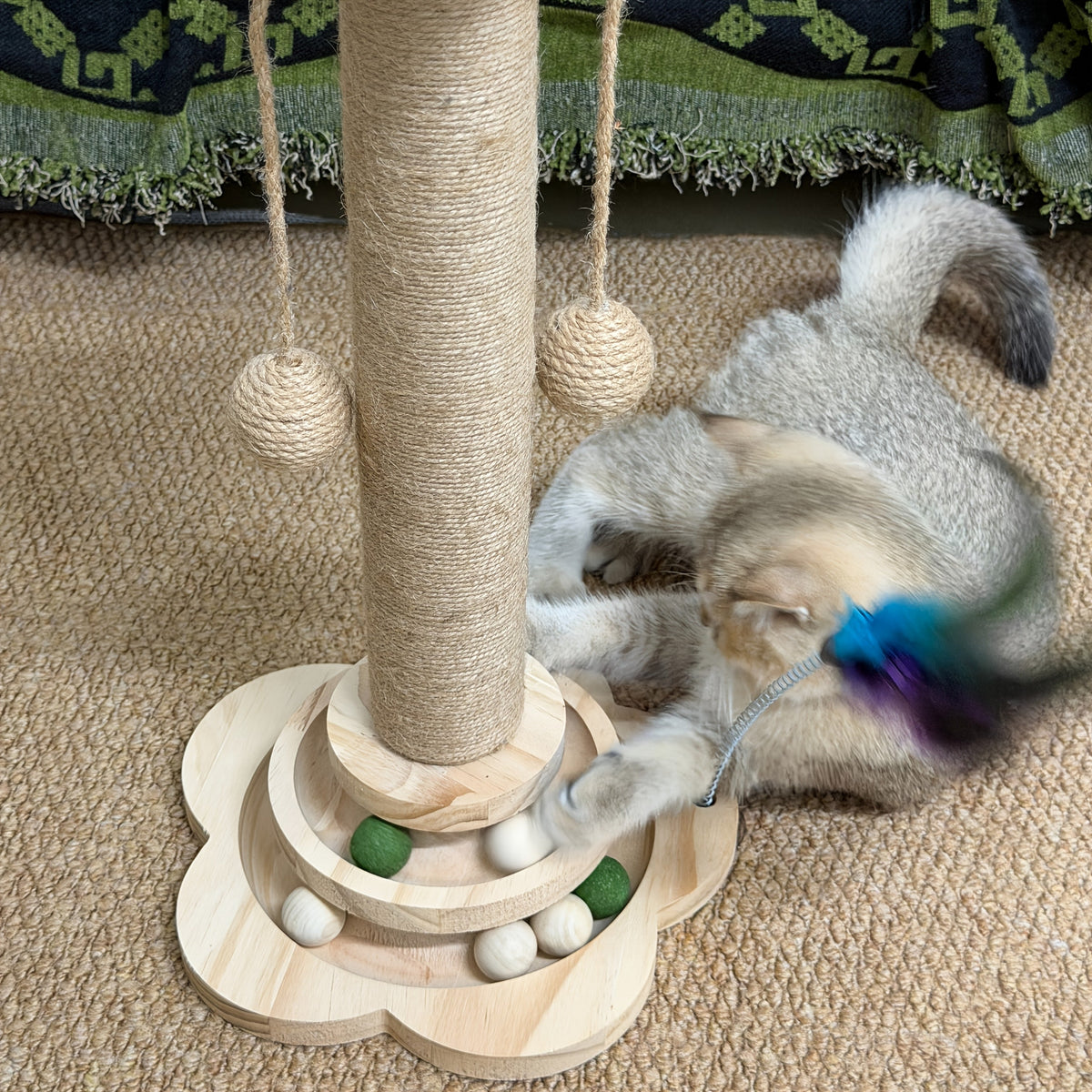 Multi-Level Cat Scratching Post Premium Sisal with 6 Wooden Toy Balls, 2 Hanging Balls, 2 Feather Teaser Toys, Non-Slip Base, Interactive Cat Tree for Indoor Cats and Kittens