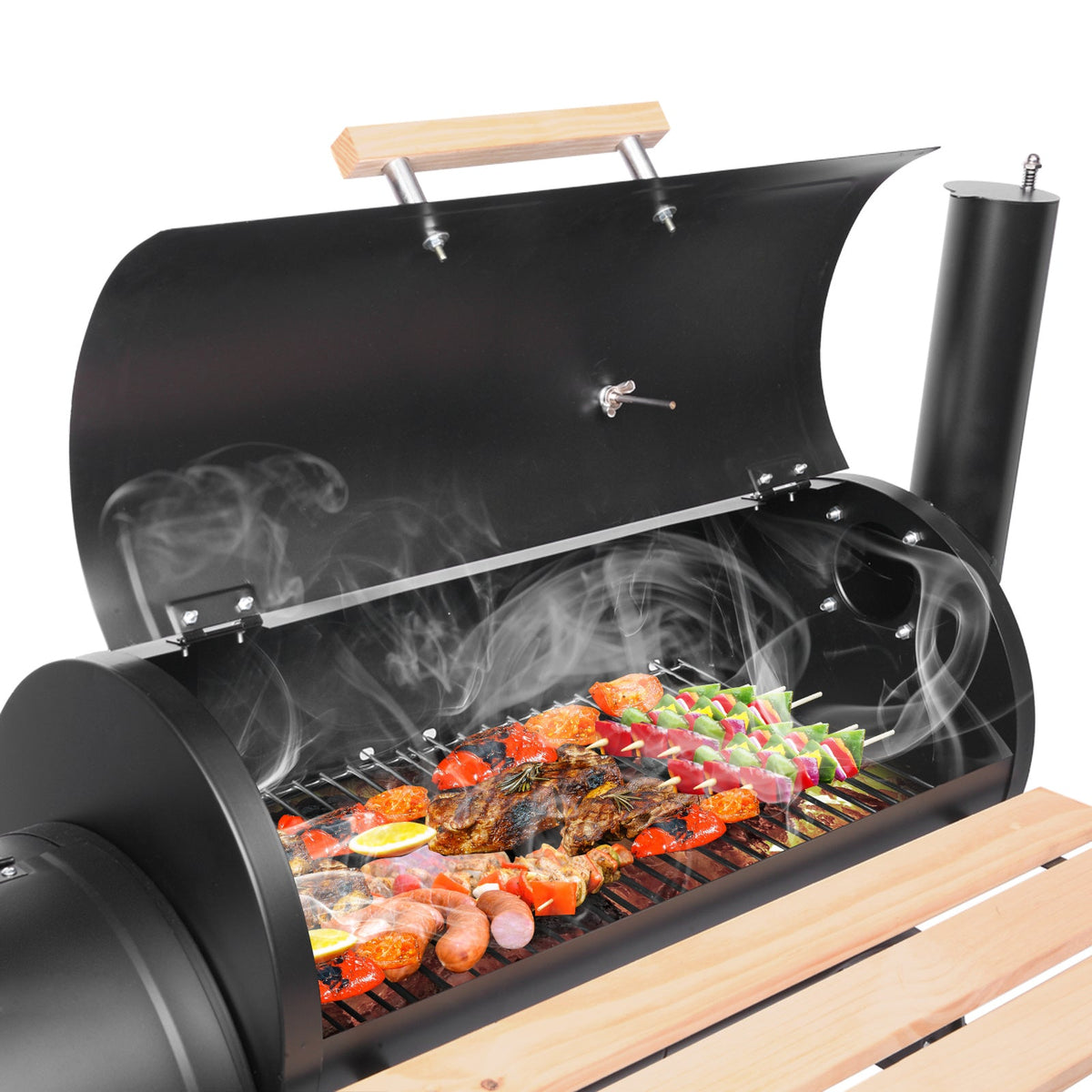 Charcoal Grill with Offset Smoker 433 Sq In Cooking Area Lid Thermometer Carbon Steel Side Table & Wheels for Backyard Camping & Picnics – Black