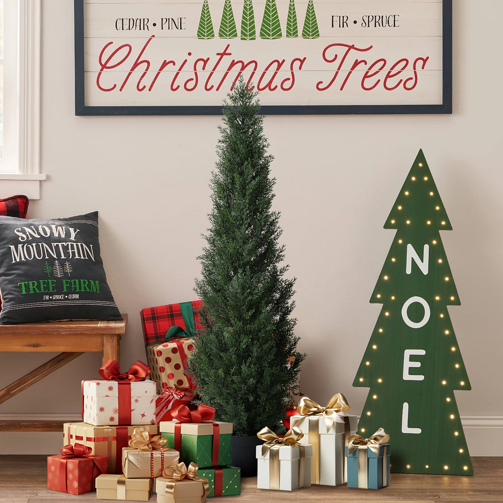 Artificial Topiary Cedar Tree - UV-Rated, 3 / 4 / 5ft, 1pc or 2pcs - Concrete Base, Faux Pine Shrub - Front Porch, Home & Office Decor